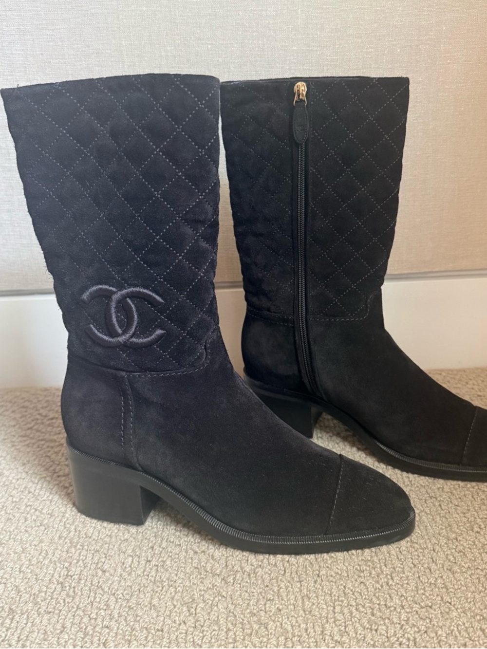 CHANEL Black Quilted Suede Mid-Calf Logo Boots